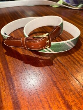 Classic Brown Leather & Green and white striped Men's Belt Collared Greens - 40
